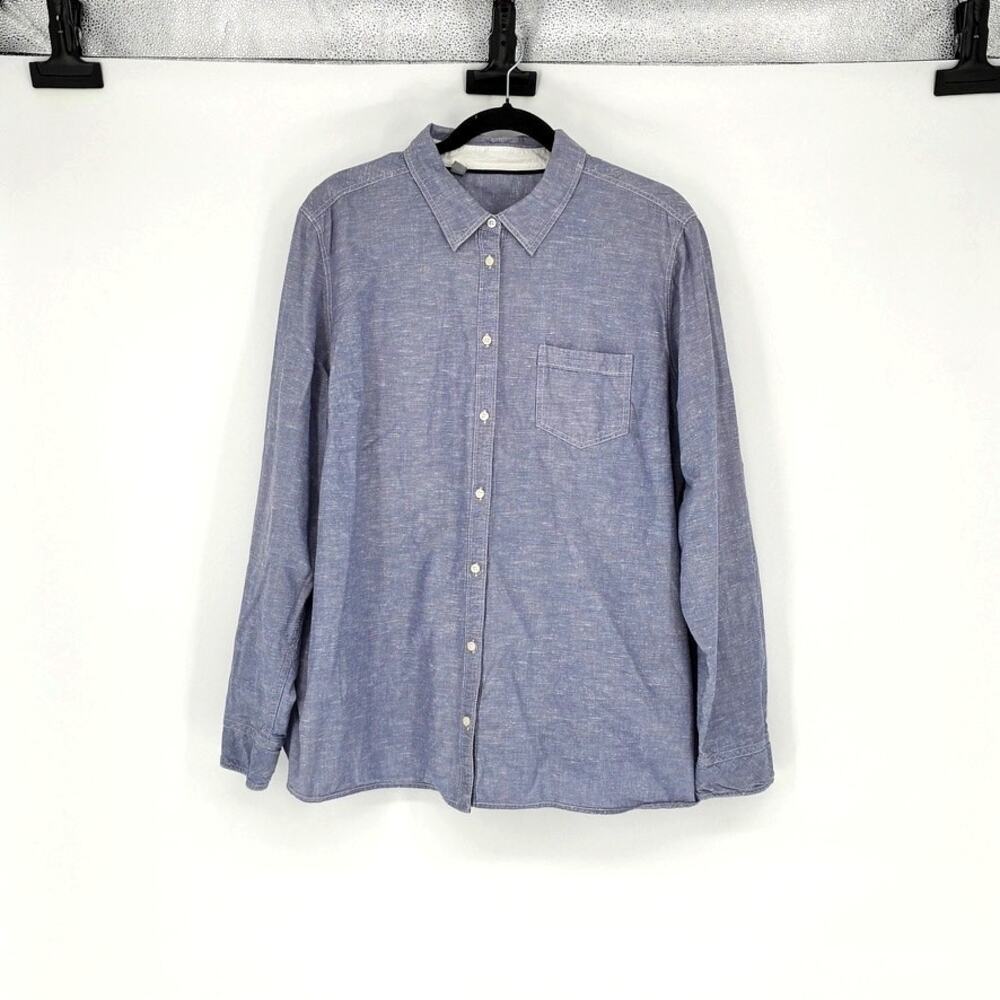 Women Blue and White Slub Cotton Long Sleeve Button Up Shirt - Plus 3X